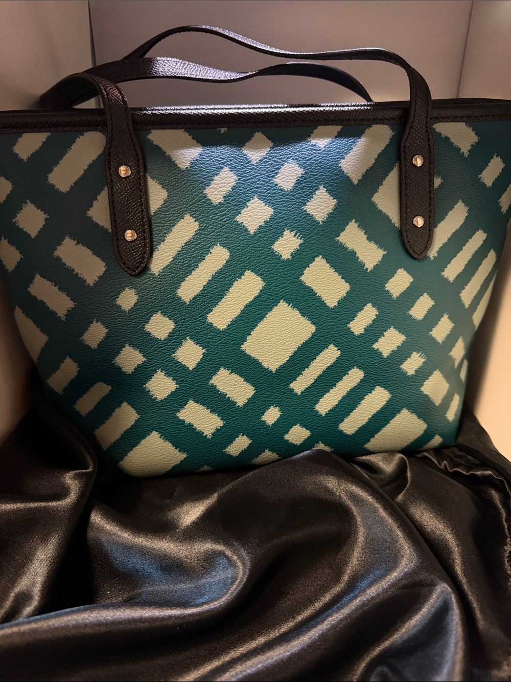NWOT Coach Geometric Mini Tote Bag Zip-Top in Teal/White Wild Plaid - Picture 3 of 14